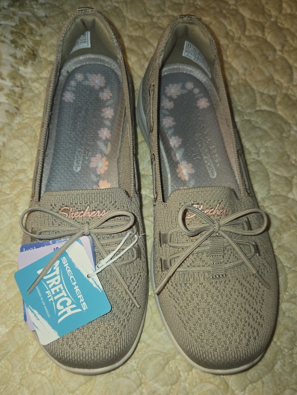 Skechers Women's Taupe Knit Slip-On Flats with Bow Detail Stretch FIT